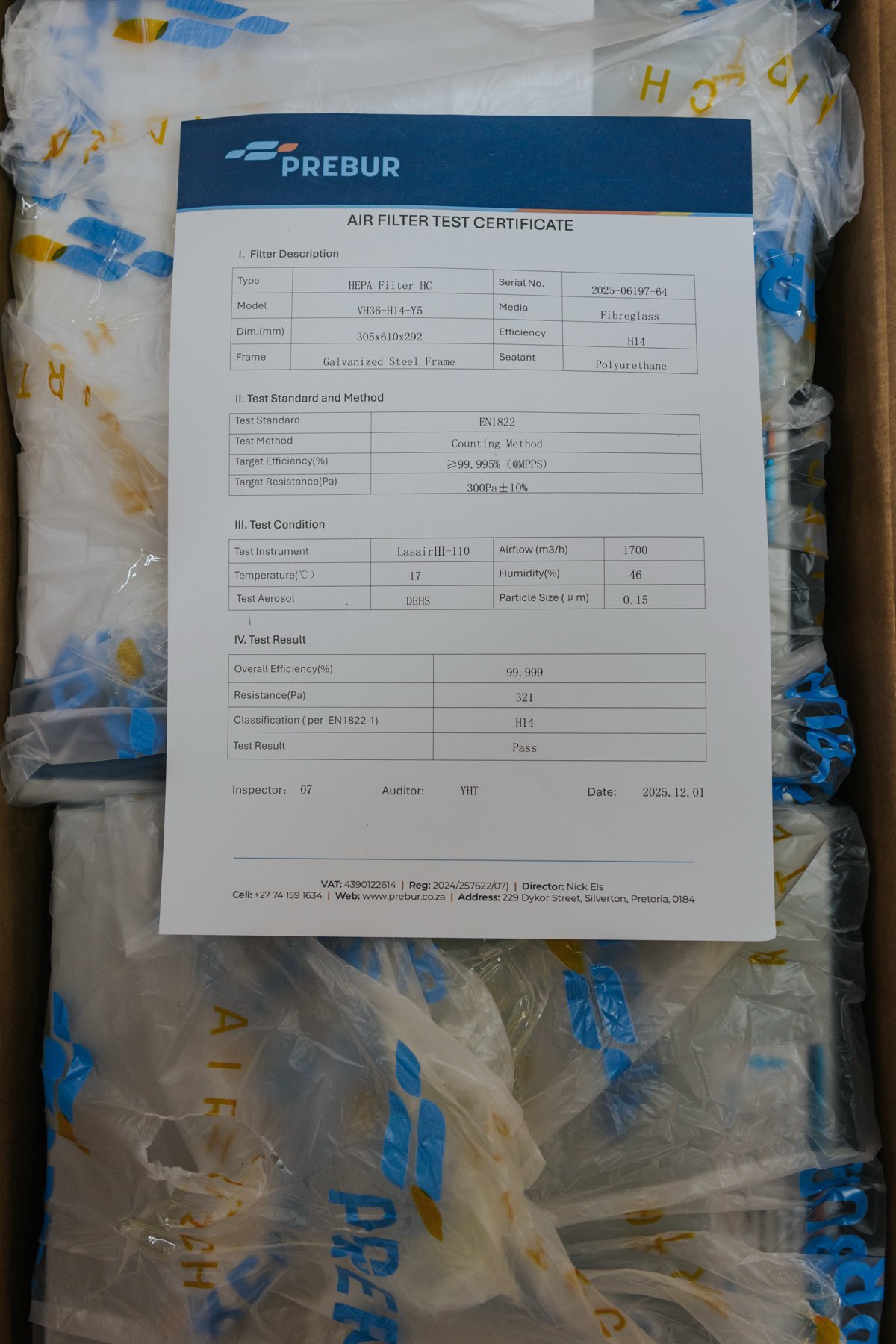 Airtech HEPA filter EN1822 test report